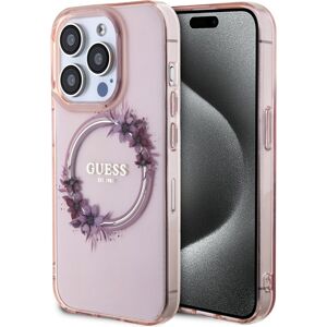 Guess PC/TPU Flowers Ring Glossy Logo MagSafe kryt iPhone 15 Pro růžový