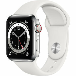 Apple Watch Series 6 Cellular 40mm stříbrná ocel s bílým sportovním řemínkem