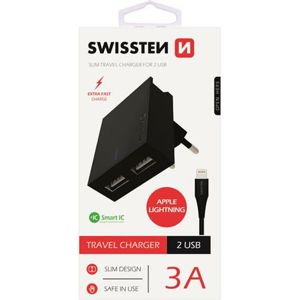 SWISSTEN síťový adaptér 2xUSB, 3A černý + kabel USB/Lightning