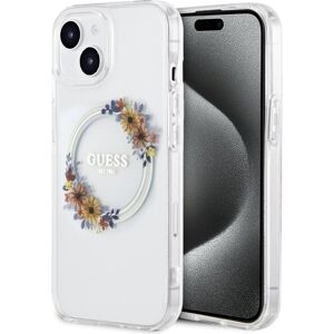 Guess PC/TPU Flowers Ring Glossy Logo MagSafe kryt iPhone 15 čirý