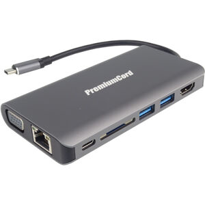 PremiumCord Převodník USB3.1 typ C na HDMI+VGA+RJ45+2xUSB3.0+SD card +3,5mm+PD nabíjení šedý