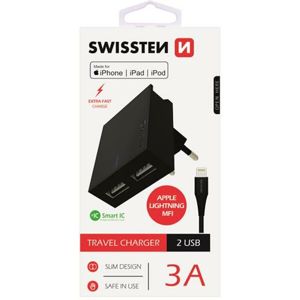 SWISSTEN síťový adaptér 2xUSB, 3A, MFi černý + kabel USB/Lightning