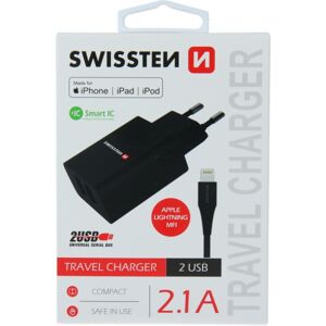 SWISSTEN síťový adaptér 2xUSB, 2,1A, MFi černý + kabel USB/Lightning