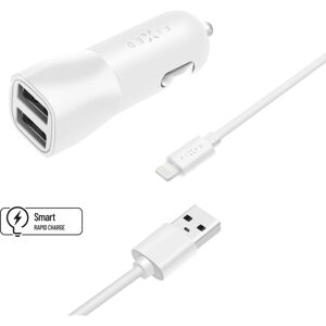 FIXED autonabíječka s 2x USB a USB/Lightning kabelem (1m), MFI, 15W, bílá