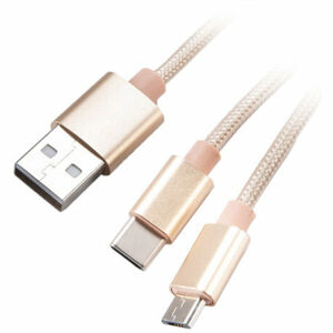 Akasa nabíjecí a synchronizační kabel 2v1 USB-A 2.0 - USB Micro-B, USB-C, opletený, 1.2m, zlatá