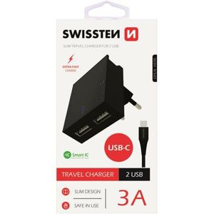 SWISSTEN síťový adaptér 2xUSB, 3A černý + kabel USB/USB-C