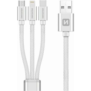 SWISSTEN Textile USB 3v1, Lightning MFi/microUSB/USB-C 1,2m stříbrný