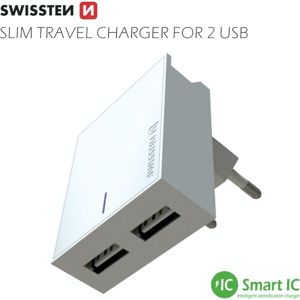 SWISSTEN síťový adaptér 2xUSB, 3A bílý + kabel USB/USB-C