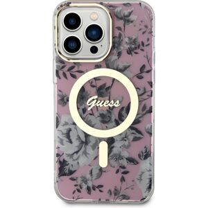 Guess PC/TPU Flowers IML MagSafe kryt iPhone 14 Pro Max růžový