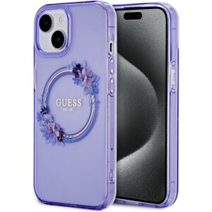 Guess PC/TPU Flowers Ring Glossy Logo MagSafe kryt iPhone 15 fialový