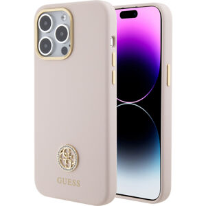 Guess Liquid Silicone 4G Strass Metal Logo kryt iPhone 15 Pro Max růžový