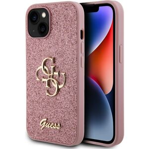 Guess PU Fixed Glitter 4G Metal Logo kryt iPhone 15 růžový