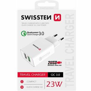 SWISSTEN síťová nabíječka 2x USB QC 3.0 + USB, 23W bílá